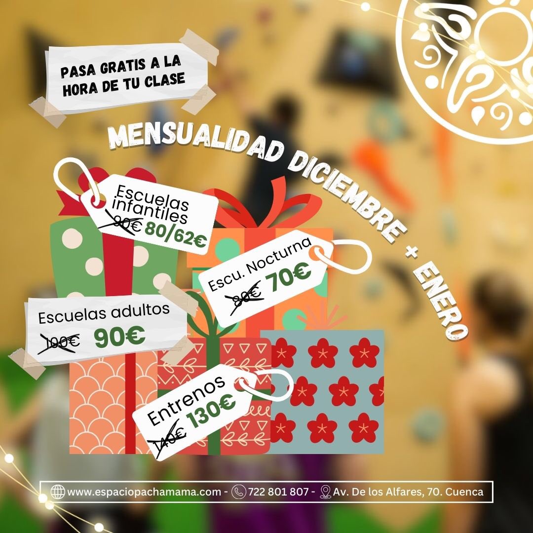pachamamaspace's tweet photo. ¡LLEGA EL OFERTÓN DE NAVIDAD! 🎁🎄 
Paga diciembre y enero juntos y llévate un descuento 🤙🏼 

#espaciopachamama #ofertanavidad #ofertaescalada #escaladacuenca #escuelasescalada https://t.co/JJiZ2ZHNTP