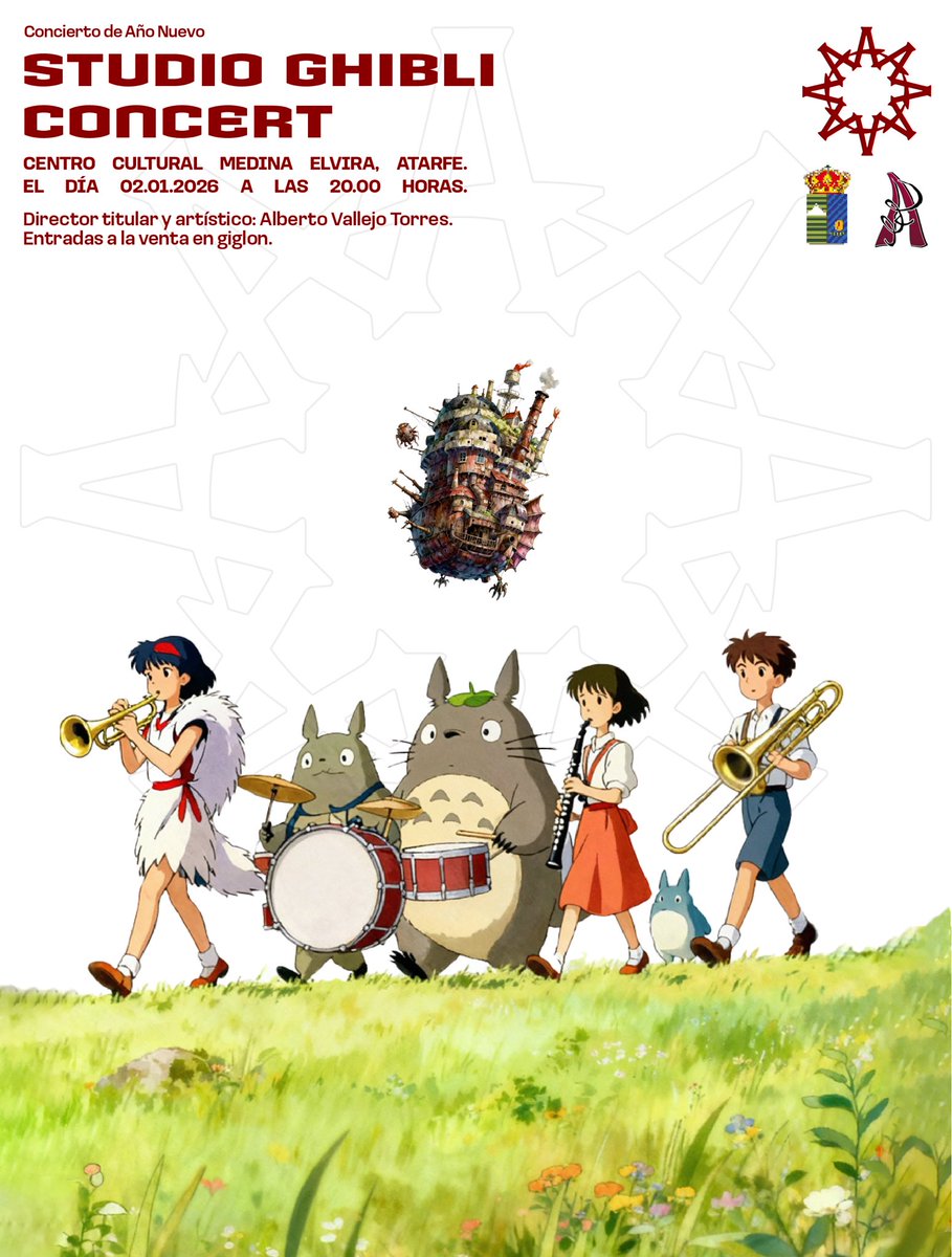 Este Año Nuevo te invitamos a sumergirte en la magia de #StudioGhibli.

Si te encantan #Chihiro, #Totoro o #Mononoke, este concierto es para ti.

Y para cerrar la noche… nuestros bises traerán las tradicionales sorpresas navideñas.

🎫: giglon.com/evento/concier…

#BSMCA #Atarfe