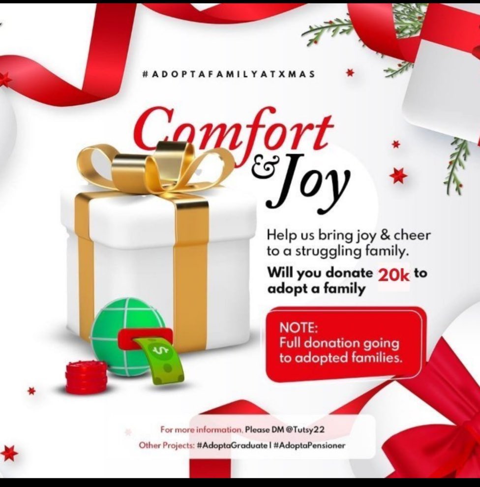 Please can you join me to adopt a family at Christmas?  

N20k can adopt a family    
N100k can adopt 5 families 
N500k can adopt 25 families   
N1m can adopt 50 families 
N2m can adopt 100 families 

Please DM 

#AFAX2025 
#AdoptaFamilyAtXmas