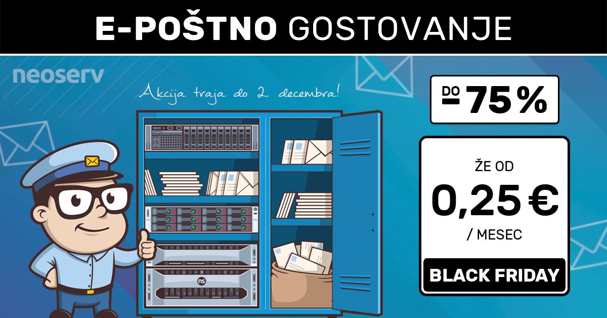 neoserv's tweet image. 🖤 Black Friday: E-poštno gostovanje do -75%

Želite uporabljati profesionalen e-poštni naslov 📧 z lastno domeno (primer: info@vasadomena.si), ne potrebujete pa spletne strani?

Za vas bo pravo E-poštno gostovanje - zdaj že od 0,25 €/mesec. 🔥

🖤 neoserv.si/email-gostovan…