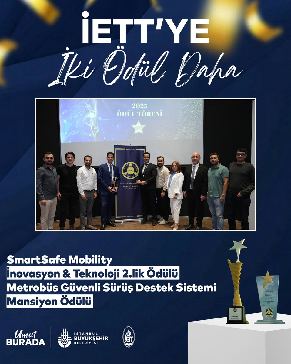 İETT, toplu ulaşımda güvenlik ve teknoloji odaklı geliştirdiği projelerle Türkiye Bilişim Derneği tarafından 2 ödüle birden layık görüldü. 🏆

🔹 SmartSafe Mobility – İnovasyon &amp; Teknoloji 2.lik Ödülü
🔹 Metrobüs Güvenli Sürüş Destek Sistemi – Mansiyon Ödülü

İstanbul’a daha