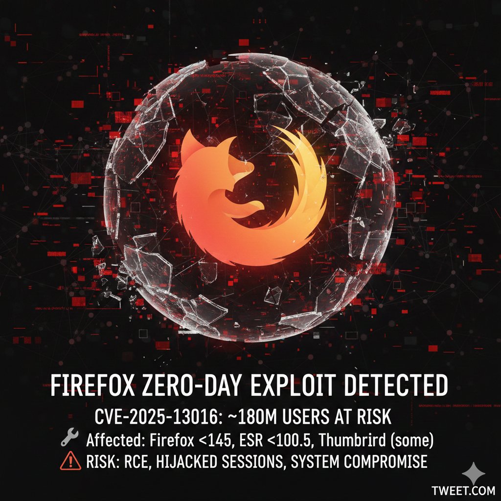 MNovofastovsky's tweet image. 🚨 #Firefox alert - CVE-2025-13016 puts ~180 million users at risk. A memory-safety flaw in Firefox’s WebAssembly engine can allow remote code execution via malformed WebAssembly payloads.

Affected: Firefox &amp;lt; 145, Firefox ESR &amp;lt; 140.5, plus some versions of Thunderbird

⚠️ Risk:…
