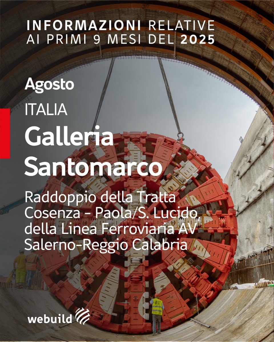 Webuild_Group's tweet image. #WebuildResults 2025 - NUOVE AGGIUDICAZIONI
AGOSTO - 🇮🇹🛤️Nuovo progetto per #webuild per la Galleria Santomarco sulla linea ferroviaria Alta Velocità Salerno-Reggio Calabria.

Il progetto prevede la realizzazione del “Raddoppio Paola-Cosenza” che si estenderà per circa 22,2 km in…
