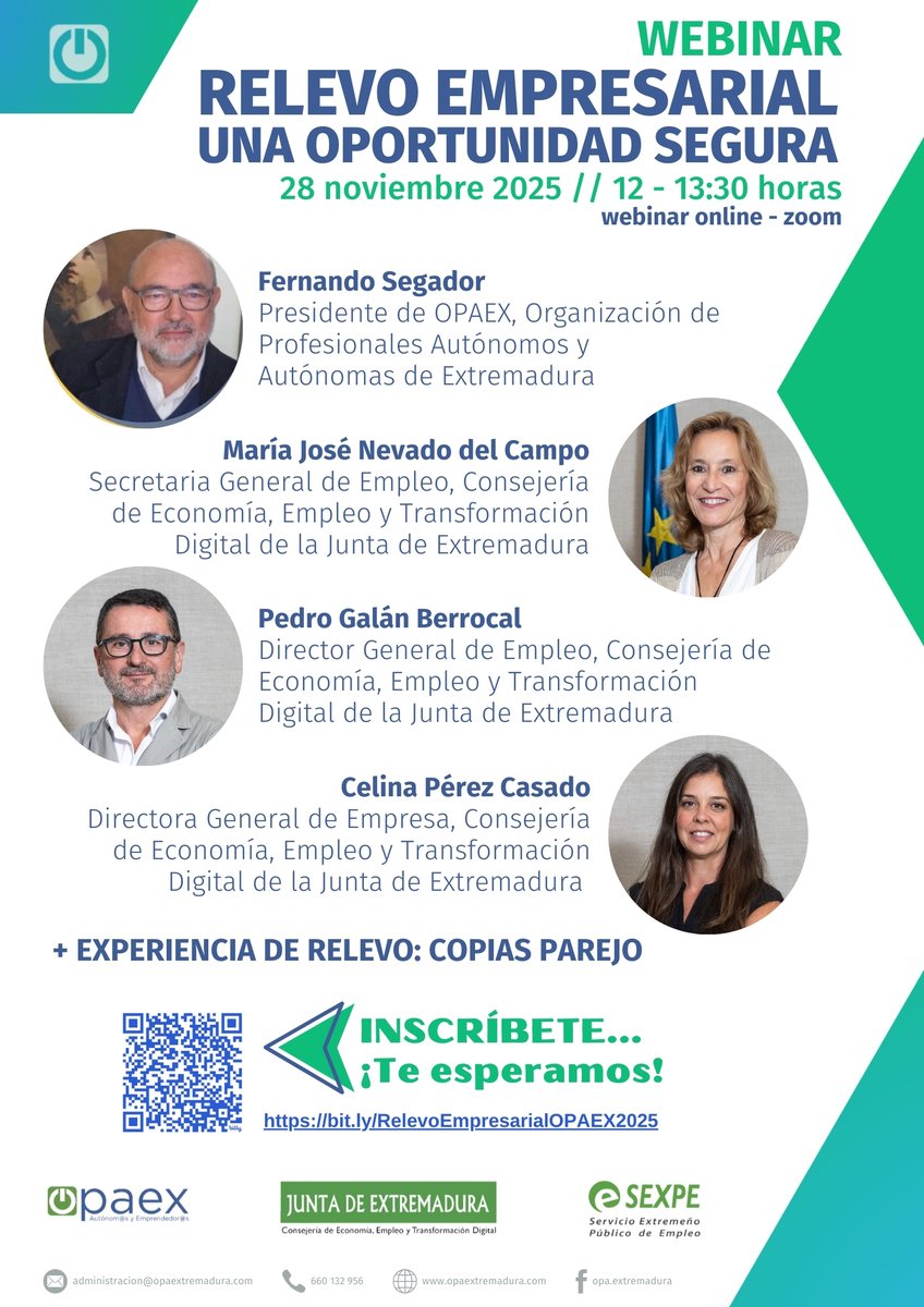 OPAExtremadura's tweet image. #RelevoEmpresarial: Una Oportunidad Segura

Descubre las ayudas y recursos desde áreas de empleo y empresa de la Junta de Extremadura

👉 INCRIPCIONES bit.ly/RelevoEmpresar…

@sexpeemplea @empresa_EXT
#opaex #RelevoEmpresarial #ProgramaEstímuloTrabajoAutónomoExtremadura20242027