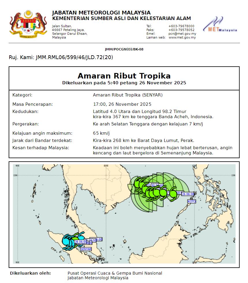 Amaran Ribut Tropika oleh MET Malaysia  
Kedudukan terdekat dengan Malaysia adalah kira-kira 268 km ke Barat Daya Lumut, Perak. Keadaan ini boleh menyebabkan hujan lebat berterusan, angin kencang dan laut bergelora di Semenanjung Malaysia.