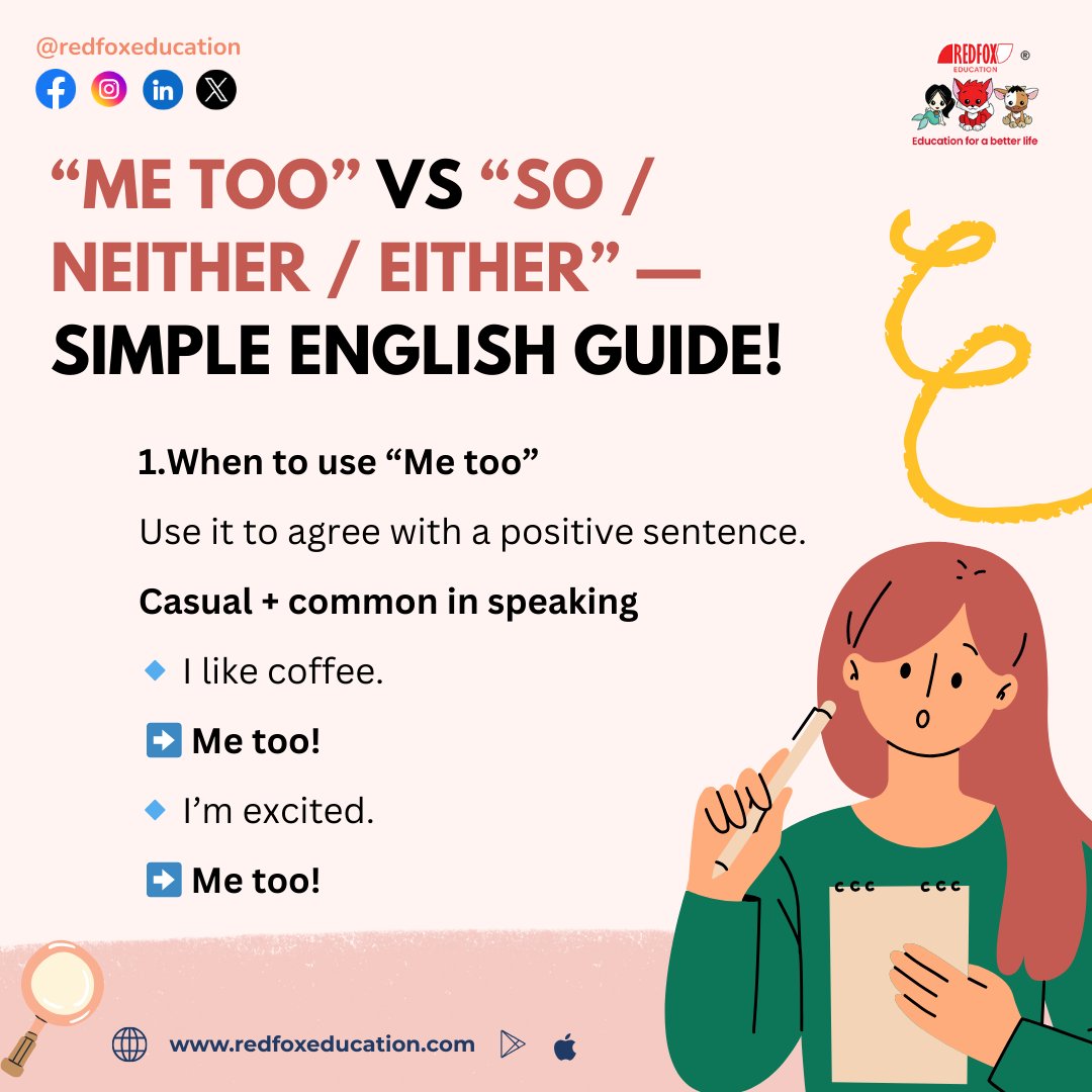 RedFox_EdTech's tweet image. Learn English the easy way!✨
“Me too,” “So do I,” “Neither do I,” and “Either” explained in one post.

Download Our Mobile App:
Google Play: bit.ly/31lO56z
App Store: apple.co/39UxPwl

#learnenglish #englishgrammar #englishlesson #spokenenglish #RedFoxEducation