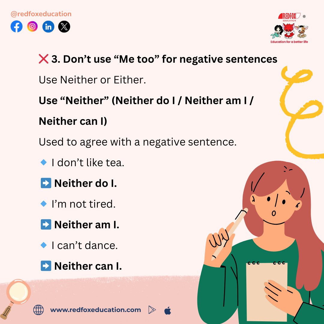 RedFox_EdTech's tweet image. Learn English the easy way!✨
“Me too,” “So do I,” “Neither do I,” and “Either” explained in one post.

Download Our Mobile App:
Google Play: bit.ly/31lO56z
App Store: apple.co/39UxPwl

#learnenglish #englishgrammar #englishlesson #spokenenglish #RedFoxEducation