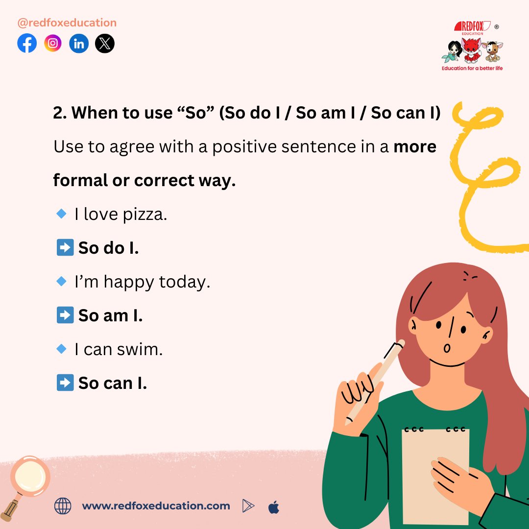 RedFox_EdTech's tweet image. Learn English the easy way!✨
“Me too,” “So do I,” “Neither do I,” and “Either” explained in one post.

Download Our Mobile App:
Google Play: bit.ly/31lO56z
App Store: apple.co/39UxPwl

#learnenglish #englishgrammar #englishlesson #spokenenglish #RedFoxEducation