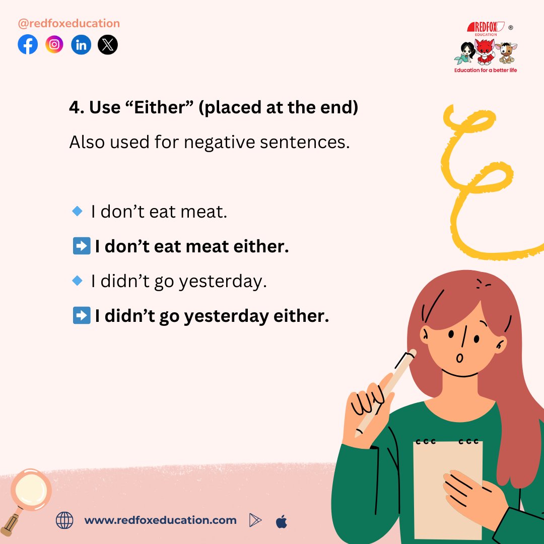 RedFox_EdTech's tweet image. Learn English the easy way!✨
“Me too,” “So do I,” “Neither do I,” and “Either” explained in one post.

Download Our Mobile App:
Google Play: bit.ly/31lO56z
App Store: apple.co/39UxPwl

#learnenglish #englishgrammar #englishlesson #spokenenglish #RedFoxEducation