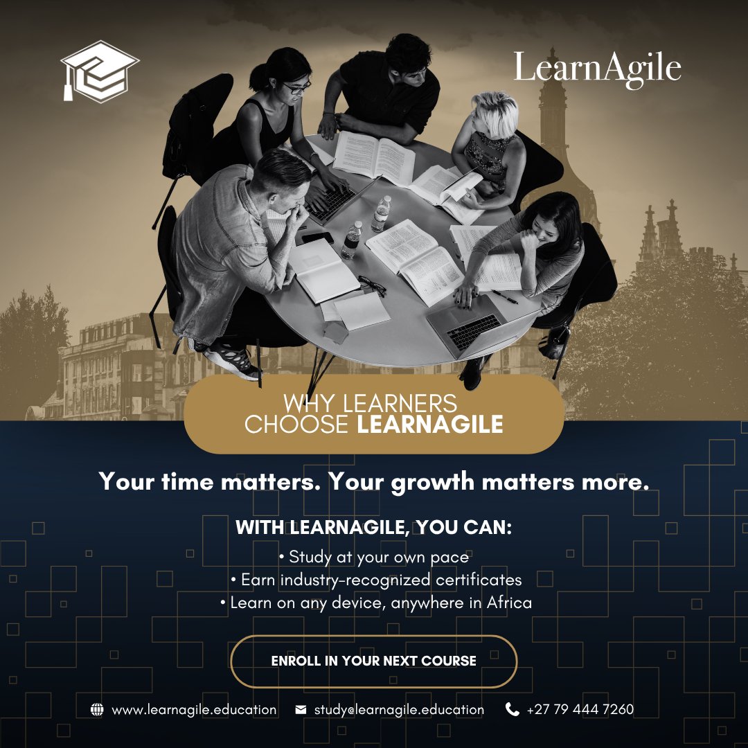LearnAgile_'s tweet image. Why do learners choose LearnAgile for online courses? Let’s find out:
#LearnAgile #OnlineLearning #SkillsDevelopment #StudyAnywhere #CareerGrowth #FlexibleLearning #UpskillYourself #AfricanEducation #LearnOnline #EducationThatWorks