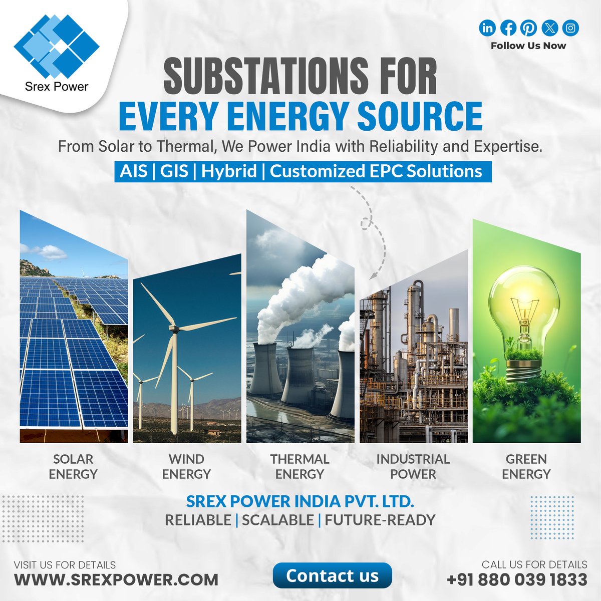 srexpowerindia's tweet image. Srex Power India delivers AIS, GIS &amp;amp; Hybrid substations for every energy source—Solar, Wind, Thermal &amp;amp; Industrial. Our EPC expertise ensures reliability, scalability &amp;amp; a future-ready grid. Powering India’s progress, one project at a time! ⚡🇮🇳
#SrexPower #EnergySolutions