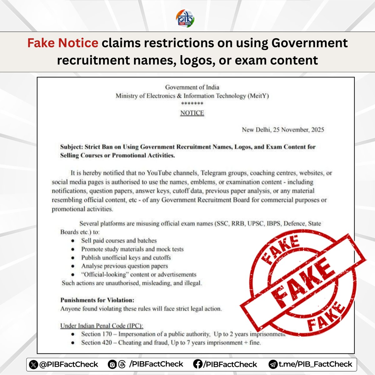 PIBFactCheck's tweet image. A notice circulating on social media claims that no digital platforms or coaching centres are authorised to use recruitment names, logos, or exam-related content. It further states that anyone found violating these rules will face strict legal action.

#PIBFactCheck

❌ This…