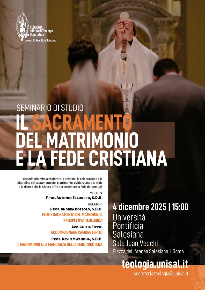 📅 4/12/25, h15 |📍 Sala Juan Vecchi, UPS 

Tre voci, un tema centrale: il Matrimonio cristiano oggi.
Un seminario che illumina sfide, ferite e nuove possibilità.

Info: segreteria.teologia@unisal.it