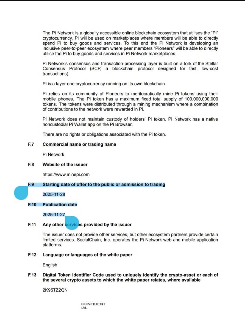 Special announcement to #Pioneers. MiCA Whitepaper - Pi - Publication date:  27 - 11 - 2025 - Start date of offer to the public or admission to trading:  28 - 11 - 2025 Page 29/36 #PiNetwork DROP YOUR PI PROFILE 👈