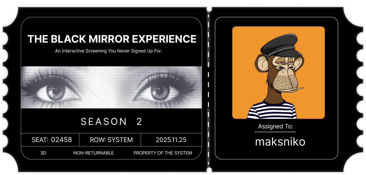 Got my ticket to The Black Mirror Season 2 Premiere by <a href="/blackmirror_xp/">blackmirror_xp</a>.

The story continues, and this time I’m in it.🪞

Claim yours → discord.gg/KORPROTOCOL