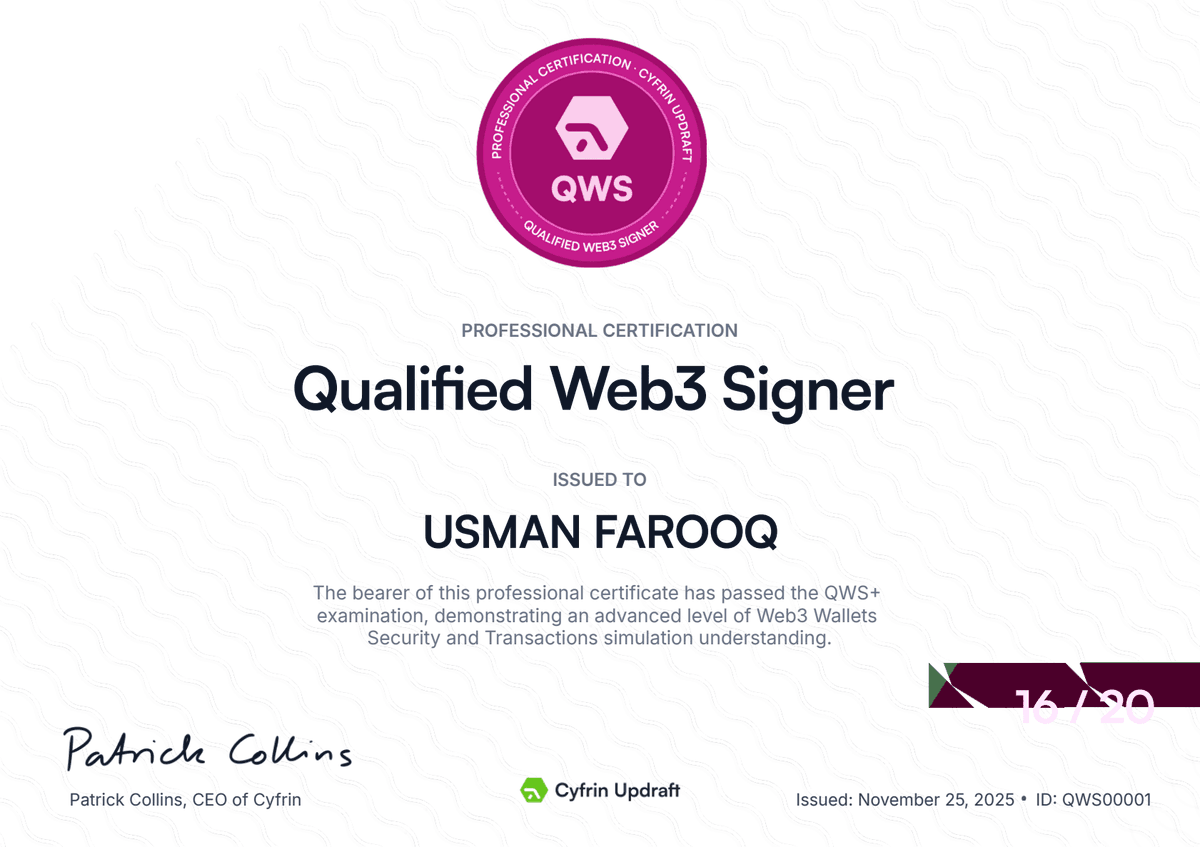 Blessed to have earned my second certification from <a href="/CyfrinUpdraft/">Cyfrin Updraft 🟩</a>!

Now, I’m officially a QWS (Qualified Web3 Signer) certified along with SSCD+.

A huge thank you to the <a href="/cyfrin/">Cyfrin Audits</a> team and <a href="/PatrickAlphaC/">Patrick Collins</a> for creating such amazing tools like Safe Hash and Wise Signer.