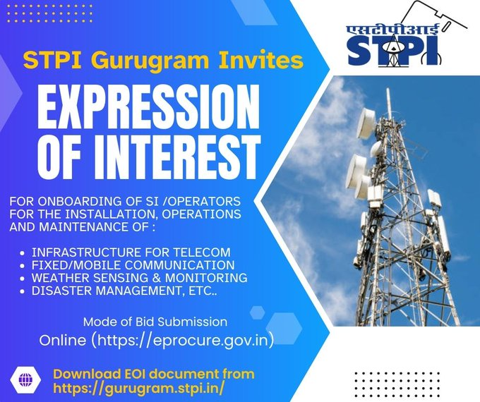 <a href="/GurugramStpi/">STPI Gurugram</a> now offers hi-tech infrastructure for tower/antenna operations, wireless (4G/5G/6G), IoT telemetry, radio services, cell broadcast for weather monitoring, and disaster management. 
📷 Apply at eprocure.gov.in/eprocure/app 
🌐 Download Documents gurugram.stpi.in
