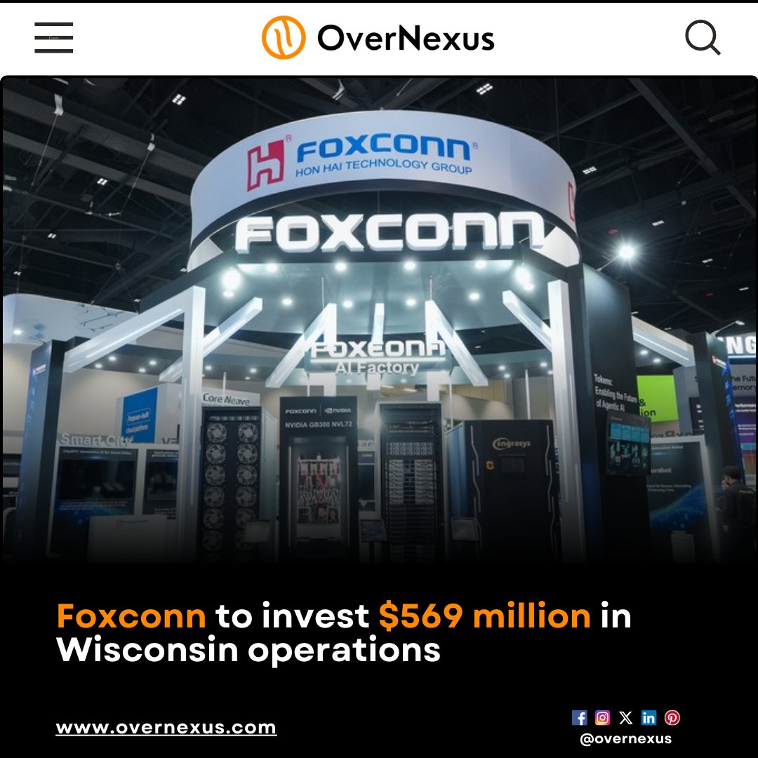overnexusbiz's tweet image. Foxconn announced it received regulatory approval to invest $569 million in Wisconsin to expand AI server production. This project will create 1,374 jobs and double the company’s workforce in the state by 2030.

#OverNexus #Foxconn #Investment #Wisconsin  #TechGrowth