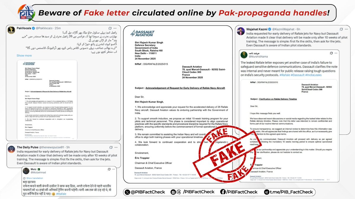 PIBFactCheck's tweet image. Pakistani propaganda accounts are circulating a letter claiming that India requested early delivery of Rafale jets for the Navy, but Dassault Aviation made it clear that delivery will be made only after 10 weeks of pilot training.

#PIBFactCheck 

❌This letter is #fake 

🚨The…
