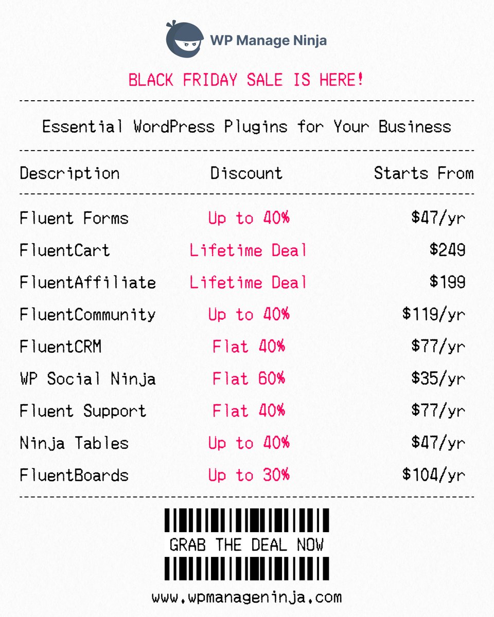 Fluent_Forms's tweet image. Black Friday just broke the price tags at WP Manage Ninja. Every WordPress plugin is now on heavy discount, including rare lifetime deals. Grab yours: wpmanageninja.com/discount-deal/