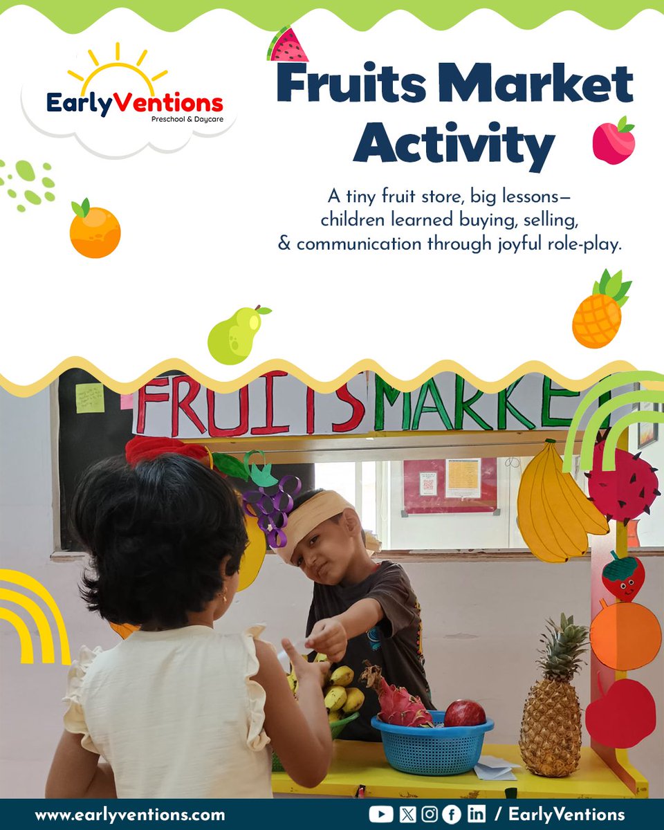 Our  little learners enjoyed an exciting Fruit Market Role-Play, where they  became vendors and buyers for the day. Through this playful setup, children explored real-life concepts like communication, decision-making, counting, &amp; social interaction all while having  endless fun.