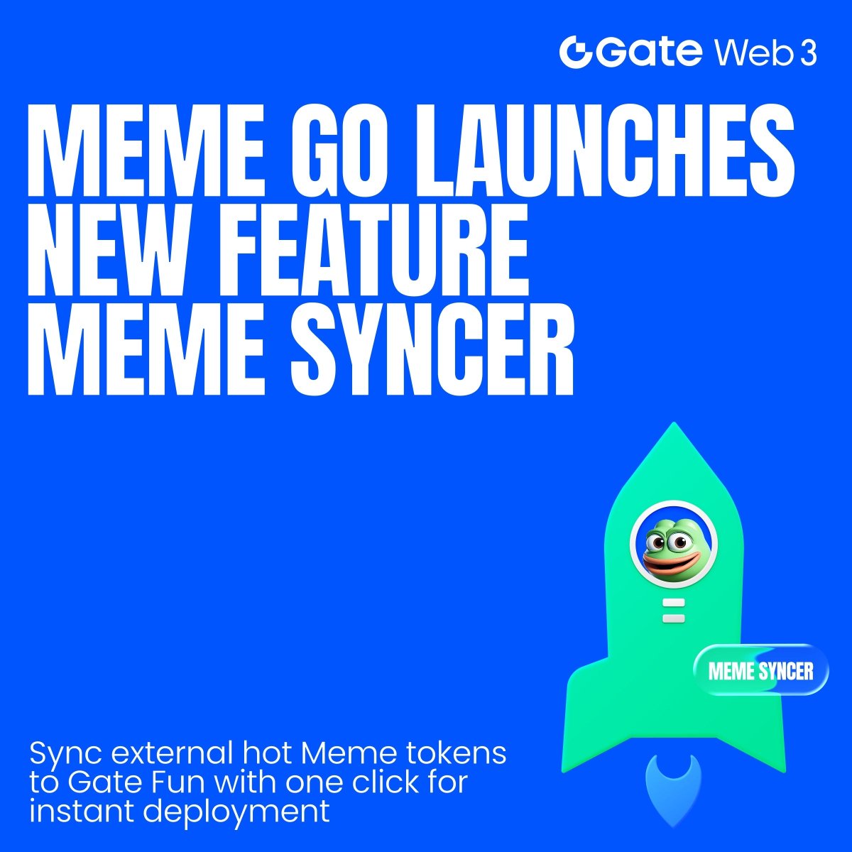 GateWeb3_HQ's tweet image. 🔥 Meme Go launches new feature: Meme Syncer!

 Sync external hot Meme tokens to Gate Fun with one click for instant deployment.🚀
✅ Millisecond-level token tracking
✅ Auto-fill token name, icon &amp;amp; description
✅ One-click launch, instant deployment

Experience Meme Syncer now:…