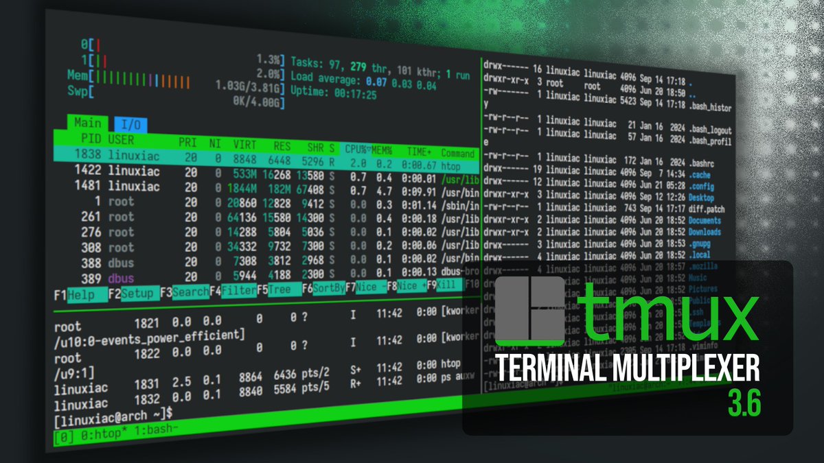 linuxiac's tweet image. Tmux 3.6 terminal multiplexer adds pane scrollbars, Mode 2031 themes, new variables, and improved query handling across pixel size, palette, cursor, and clipboard data.
linuxiac.com/tmux-3-6-updat…

#tmux #OpenSource
