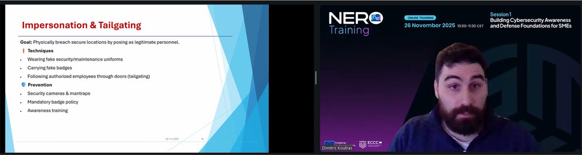 NEROcybersec's tweet image. 🤔 Why do most #cyberattacks succeed through social engineering, exploiting human trust and emotions as the weakest link in #SMEsecurity?

💻 Join Dimitris Koutras, PhD candidate at the @UNIPIGR, as he presents NERO #TrainingModule3, explaining why #SocialEngineering matters and…
