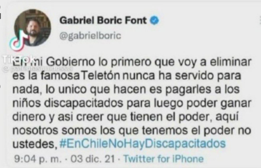 Iherreraa's tweet photo. El hipócrita Gabriel Boric y la Teletón https://t.co/yyBXEmsOzf