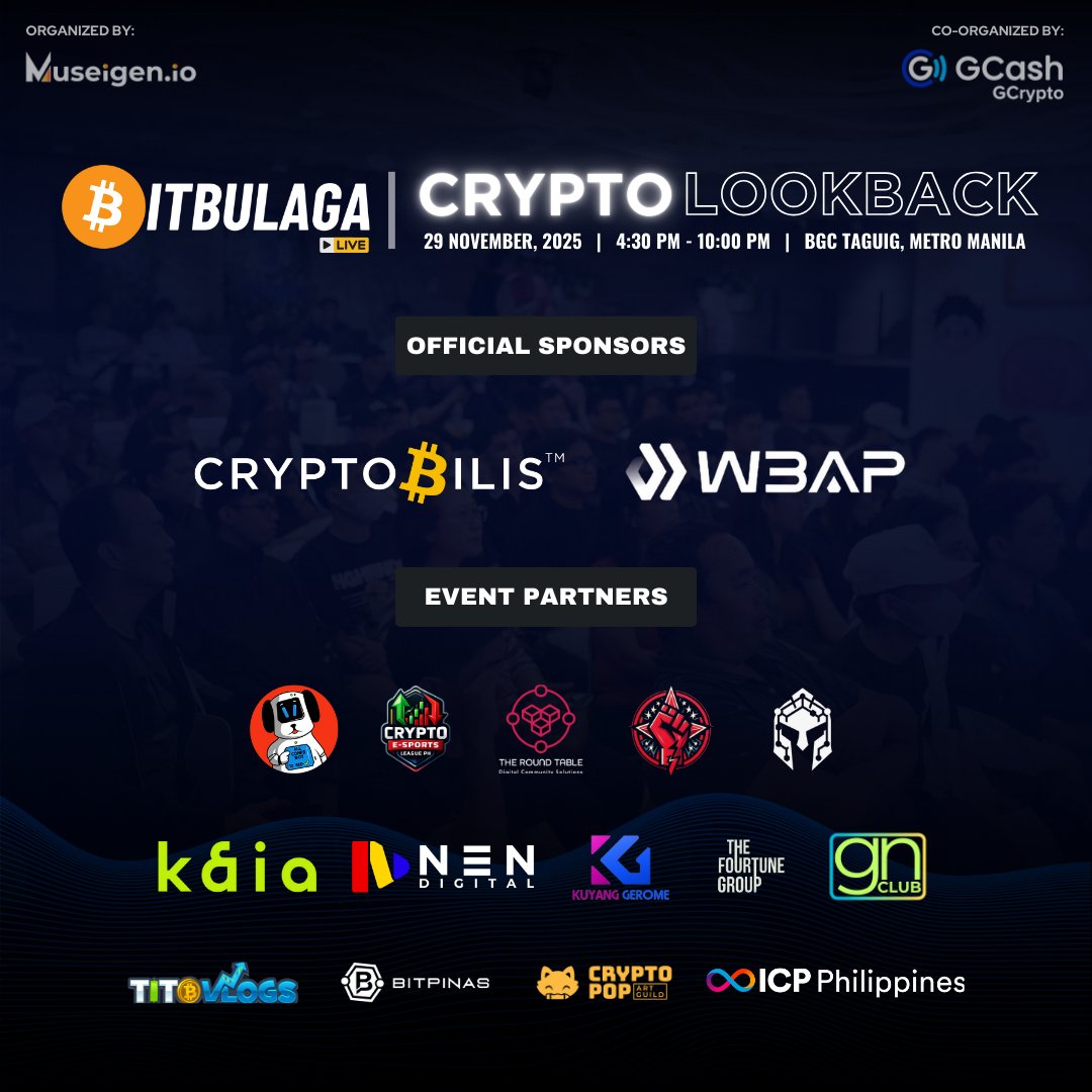 museigen_io's tweet image. Here they are!

Our official event &amp;amp; community partners for Crypto Lookback 2025 – BITBULAGA!

Thank you for supporting education, collaboration, and real crypto conversations in the PH community.

🎟️ Secure your slot now:
👉 luma.com/3skm2xyc