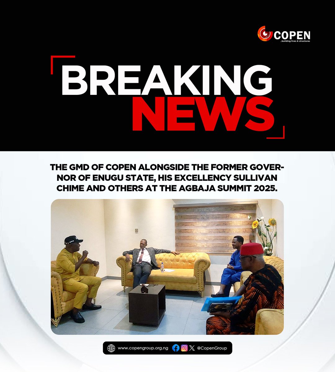 CopenGroup's tweet image. Our GMD is present at the Agbaja Summit 2025 alongside the former Governor of Enugu State, His Excellency Sullivan Chime, and other distinguished guests.

Copen: #Building Lives and #Structures 

#Copen #AgbajaSummit2025 #RealEstate