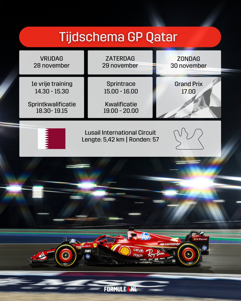 Formule1's tweet image. De Formule 1 koerst richting het Midden-Oosten voor de zinderende ontknoping van het seizoen! Dit weekend trappen we af met de Grand Prix van Qatar en door het sprintformat is er extra veel actie op de baan 🇶🇦🔥 Check het complete tijdschema en mis geen minuut! ⏱️🏎️

#QatarGP #F1