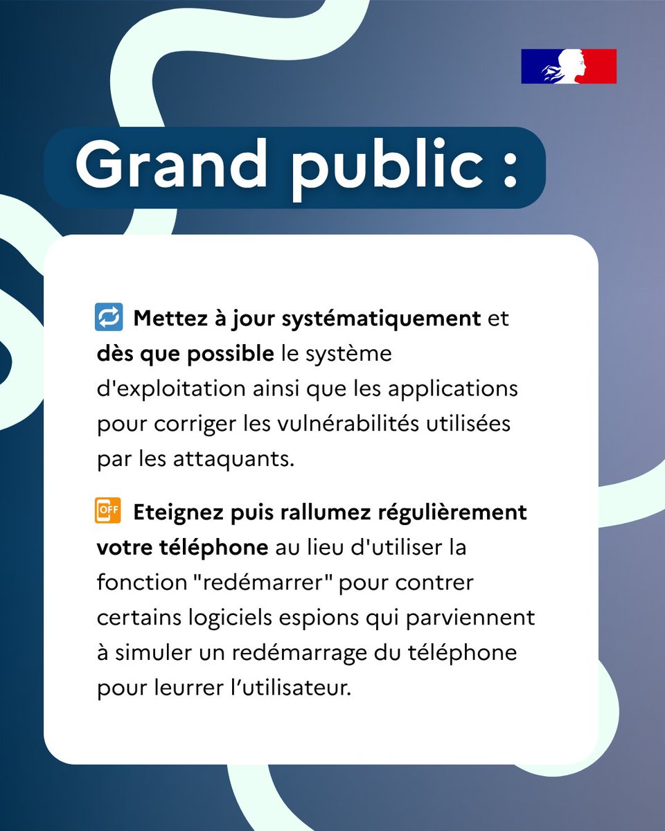 ANSSI_FR's tweet image. 📲 Votre #smartphone est précieux pour vous… et peut l’être encore plus pour les cybercriminels.

📓 Découvrez l&apos;état de la #menace de l&apos;ANSSI sur les téléphones mobiles : cert.ssi.gouv.fr/cti/CERTFR-202…