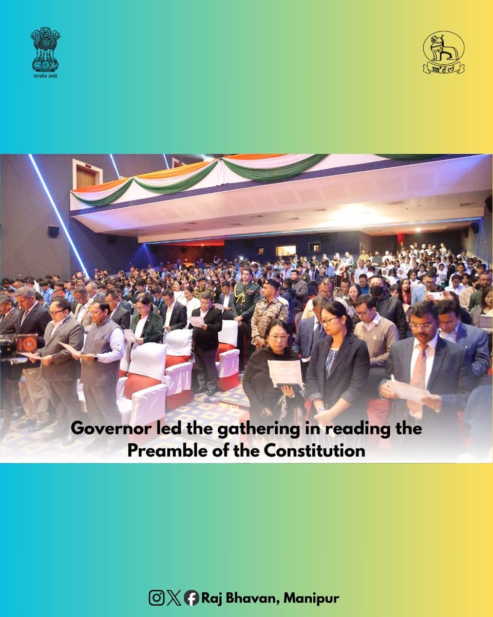 RajBhavManipur's tweet image. Governor of Manipur graced the Constitution Day observance at MSFDS, Imphal. The ceremony, held under the theme Hamara Samvidhan, Hamara Swabhiman, commemorated the adoption of the Constitution on 26 November 1949. Governor also led the reading of the Preamble, reaffirming our…