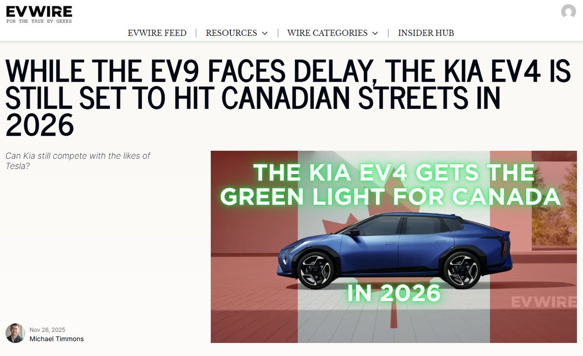 theevwire's tweet image. EVWire brief: Kia’s electric lineup is shifting as the high-performance EV9 GT is delayed indefinitely for both Canada and the US, while the compact EV4 sedan remains on track for a Canadian launch in early 2026.

Story by @_MichaelTimmons: evwire.com/p/while-the-ev…