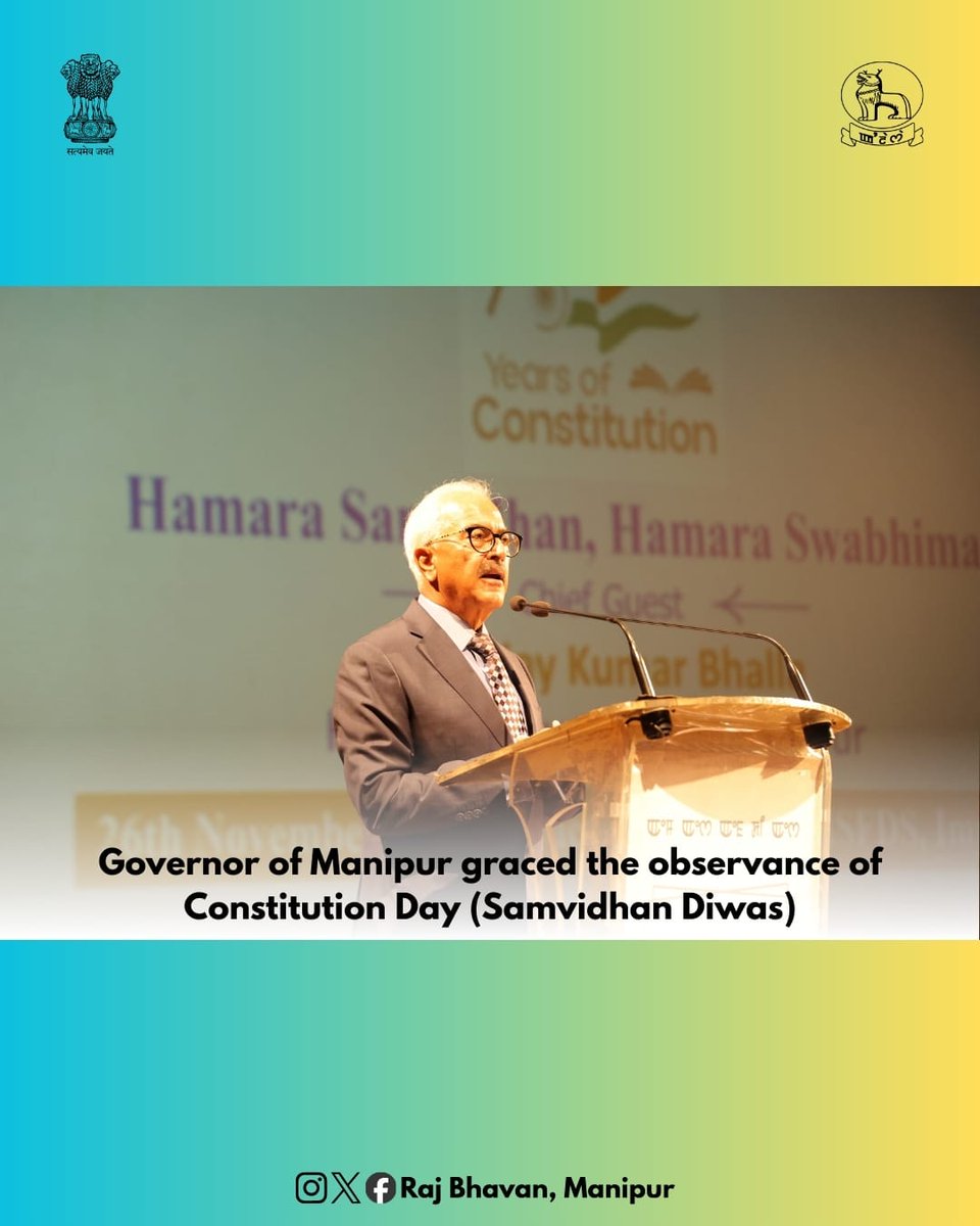 RajBhavManipur's tweet image. Governor of Manipur graced the Constitution Day observance at MSFDS, Imphal. The ceremony, held under the theme Hamara Samvidhan, Hamara Swabhiman, commemorated the adoption of the Constitution on 26 November 1949. Governor also led the reading of the Preamble, reaffirming our…