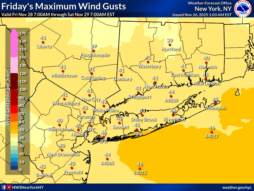 NWSNewYorkNY's tweet image. Good Morning! Leftover rain showers are possible today into this evening ahead of a strong cold front. Mild temperatures are expected today. Behind the cold front, westerly winds become quite gusty and bring in a much colder airmass.