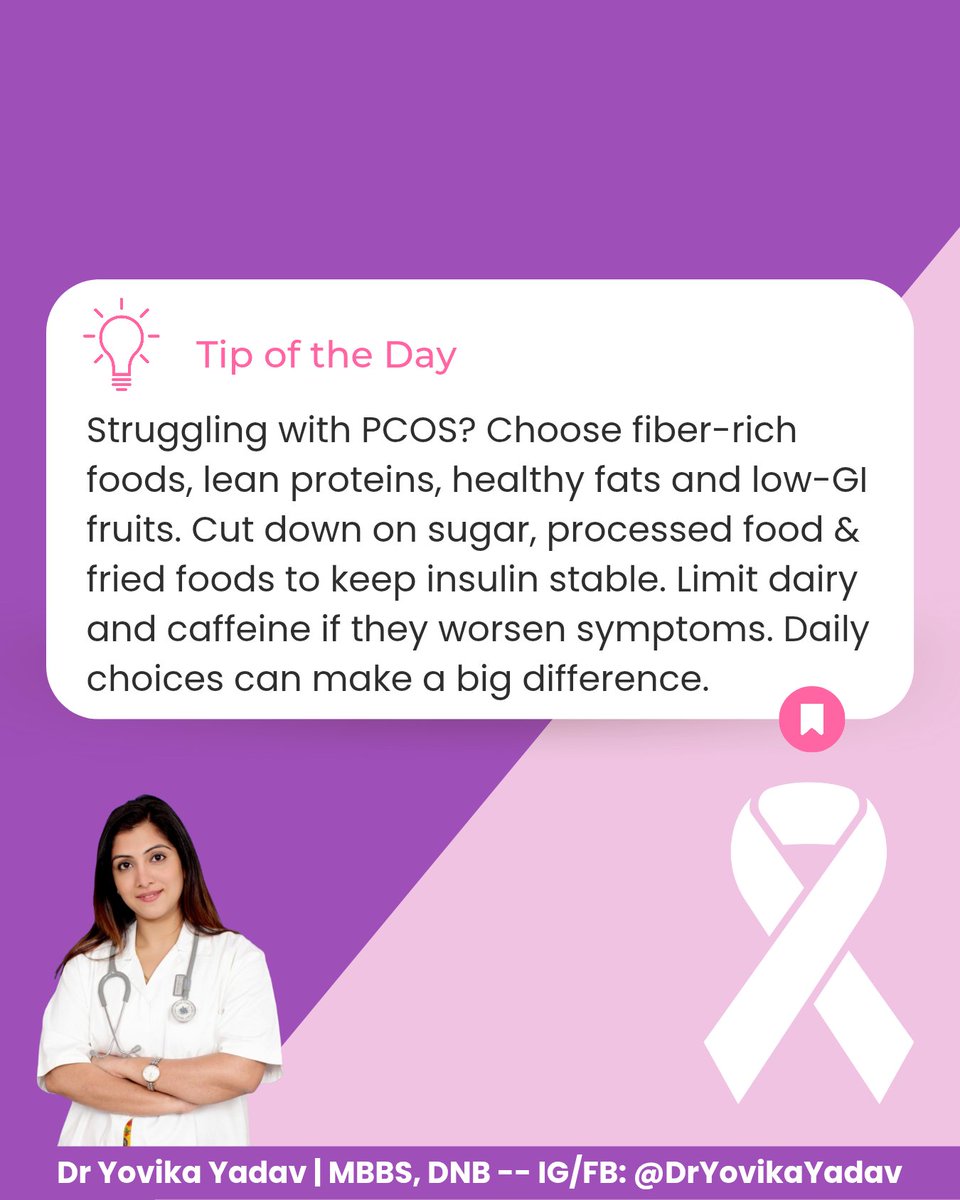 DrYovikaYadav's tweet image. Dealing with PCOS? Even small lifestyle changes can create big shift in your health.
Fuel your body with fiber-rich foods, lean proteins, healthy fats &amp;amp; low-GI fruits to support hormonal balance.
Reduce sugar, processed snacks &amp;amp; fried foods to keep insulin steady.
#PCOSAwareness