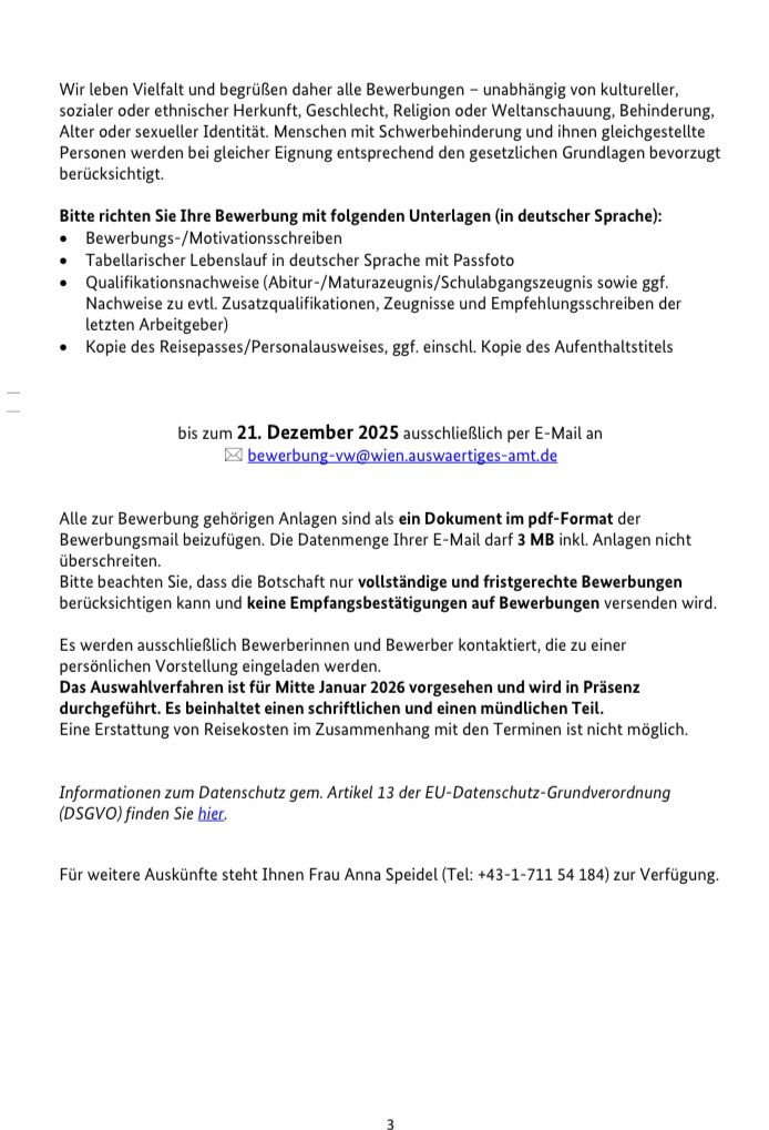 BotschaftWien's tweet image. Die Botschaft der Bundesrepublik Deutschland in Wien sucht zum nächstmöglichen Zeitpunkt eine/n Mitarbeiter/in (m/w/d) für den Bereich Presse- und Öffentlichkeitsarbeit in Vollzeit (40 Wochenstunden)

Bewerbungsfrist: 21.12.2025

Alle Infos 👇

wien.diplo.de/at-de/botschaf…