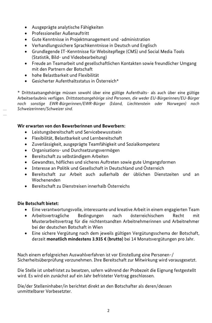 BotschaftWien's tweet image. Die Botschaft der Bundesrepublik Deutschland in Wien sucht zum nächstmöglichen Zeitpunkt eine/n Mitarbeiter/in (m/w/d) für den Bereich Presse- und Öffentlichkeitsarbeit in Vollzeit (40 Wochenstunden)

Bewerbungsfrist: 21.12.2025

Alle Infos 👇

wien.diplo.de/at-de/botschaf…