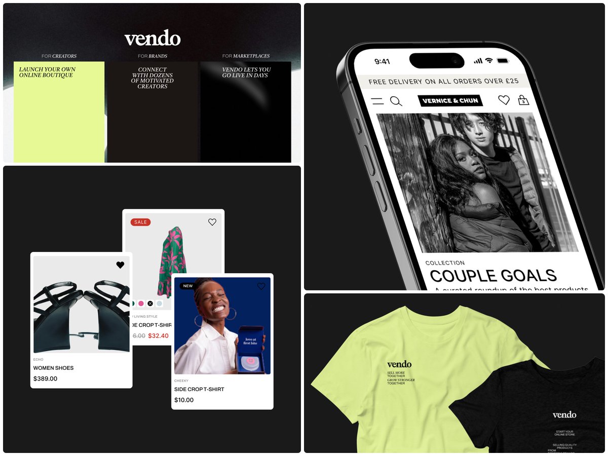 habitat_team's tweet image. Vendo identity in action: bold color blocks, clean structure, consistent product cards, and a mobile storefront that keeps the brand seamless on every screen. A tight visual system that works from UI to merch.

#Branding #Figma #DesignSystem #GraphicDesign