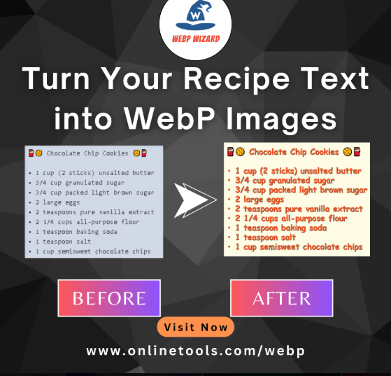 WebpWizard's tweet image. Convert your favorite cookie recipe text into a WebP image for easy sharing and beautiful presentation.  
Try our tool - onlinetools.com/webp/convert-t… 
#browserling #WebP #GiftToNature #explorepage #GraphicDesign #WebOptimization #DigitalMarketing #OnlineTools #x #LA28 #IndustryHBO