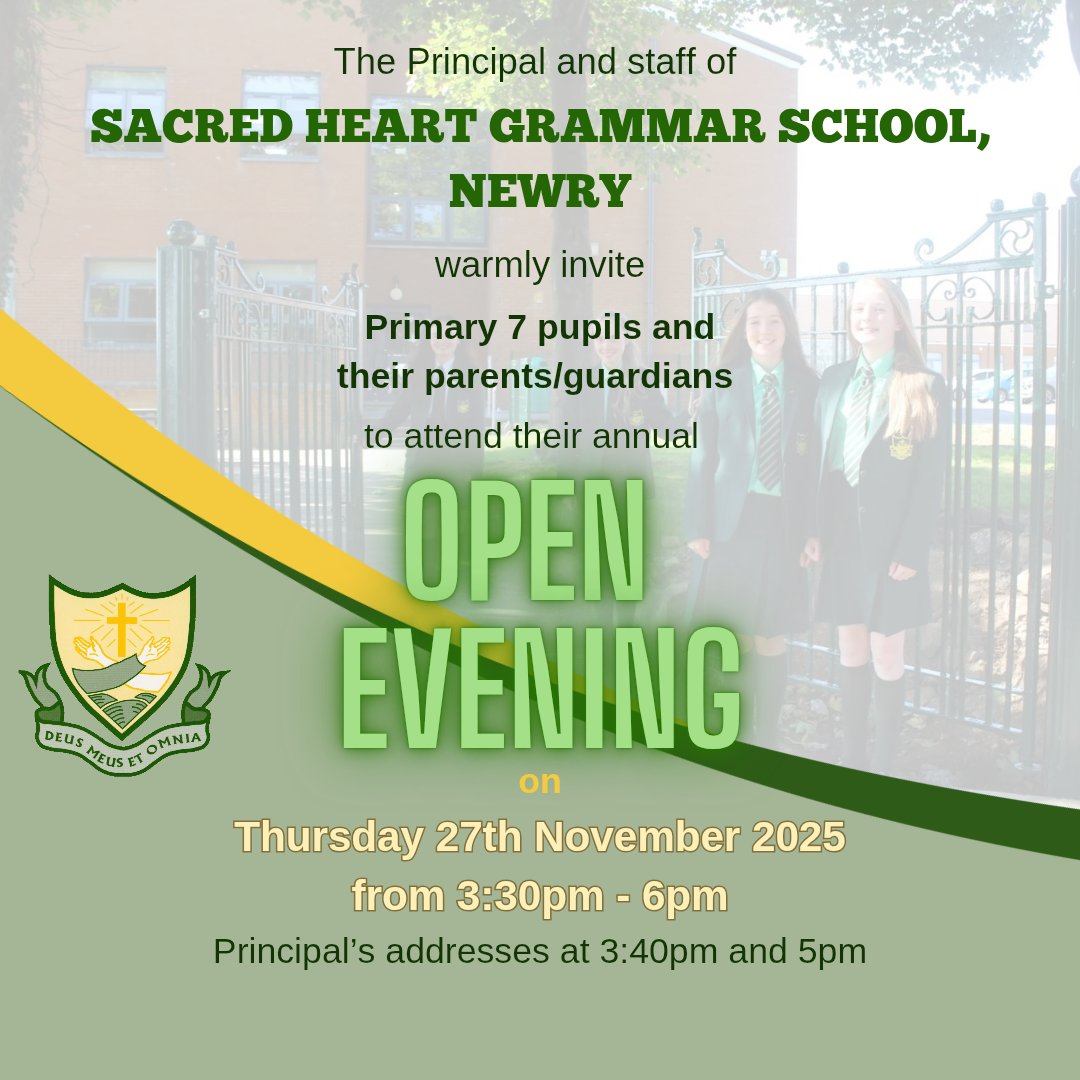 SHGS_Newry's tweet image. A reminder that our school Open Evening takes place tomorrow, Thursday, 27th November, from 3:30pm to 6pm. All prospective SHGS pupils are welcome! We look forward to seeing you here! 💚💛