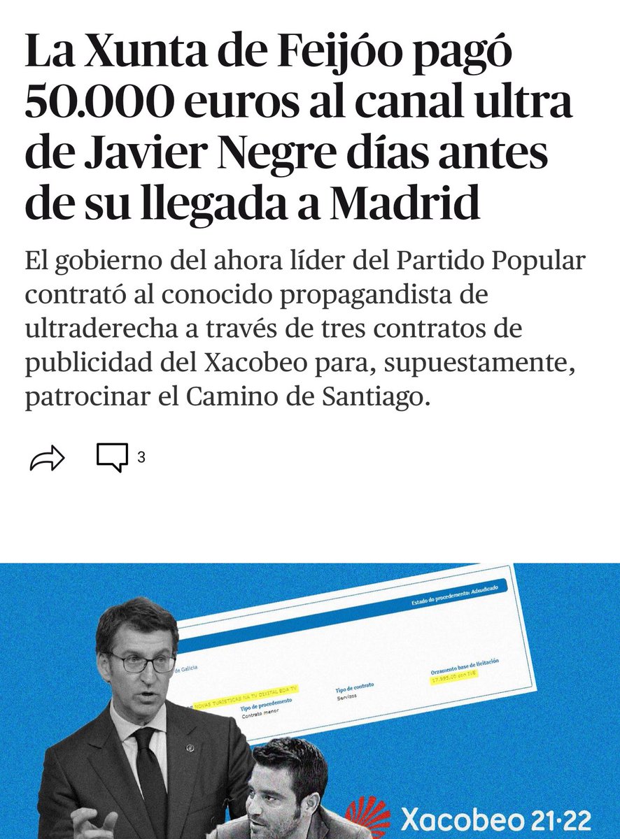 Lo grave de que Vito Quiles reconozca que el dinero público destinado a él es por contratos de publicidad institucional y campañas turísticas, está desvelando que los gobiernos del PP cometen fraude de ley. 

Lo mismo hicieron con Negre para promocionar el Camino de Santiago,