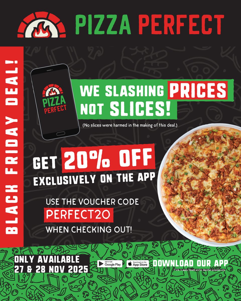 PizzaPerfectza's tweet image. Get your hands on this sensational deal from #PizzaPerfect this #BlackFriday 🤩

Get 20% OFF exclusively on the APP when you use the promo code: PERFECT20 🍕

Ts &amp;amp; Cs Apply | Promotion is Valid From Thursday, 27 and Friday, 28 November Only