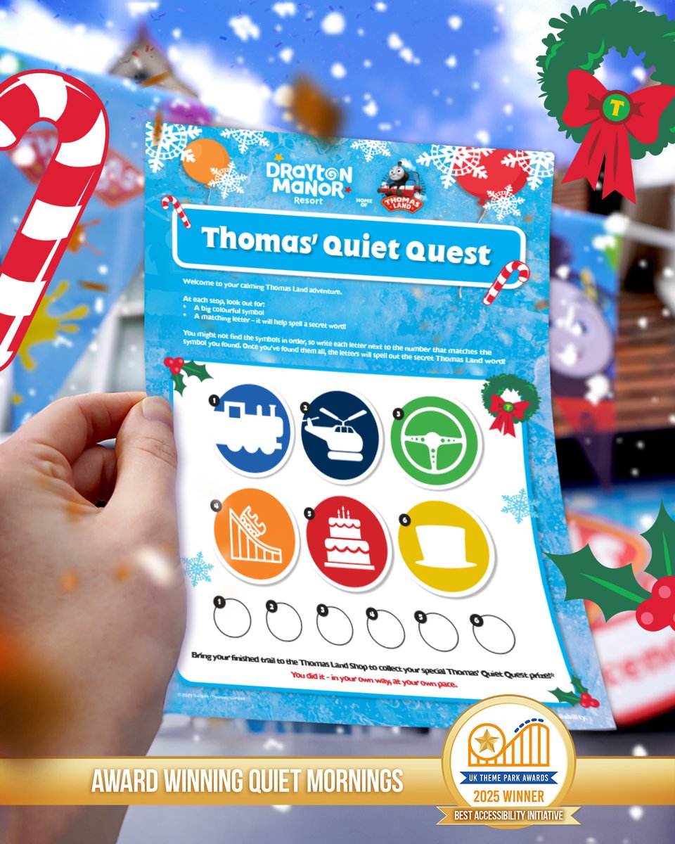 🎄 Thomas’ Quiet Quest is back for Christmas! 🔍💙

Celebrate the season with our award-winning, calming, symbol-led trail through a wintery Thomas Land! ❄️

Plus, enjoy a calmer start to the day with Quiet Mornings on the 1st, 8th &amp; 15th December! ✨