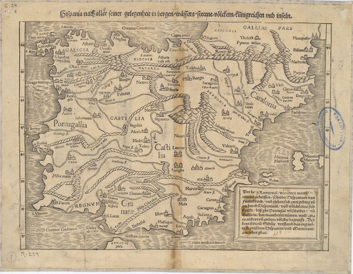 IGNSpain's tweet image. 🗺️¿Conoces este #mapa antiguo?

🔹Mapa de #Hispania (1544) que comprende la Península Ibérica y Baleares.
🔹Se trata de una «Tabula Moderna Hispaniae» que Sebastian #Münster (1489-1552) realizó para una edición de la «Geographia» de #Ptolomeo, publicada en 1540.

Más información…