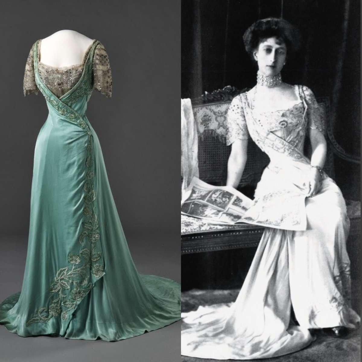 vickyhaddock's tweet image. Queen Maud of Norway was born in London #OnThisDay in 1869. She owned this c. 1907 Laferrière designed silk satin and silk tulle aqua blue evening gown, hand-embroidered with metallic floral motifs. @nasjonalmuseet collection. #fashionhistory