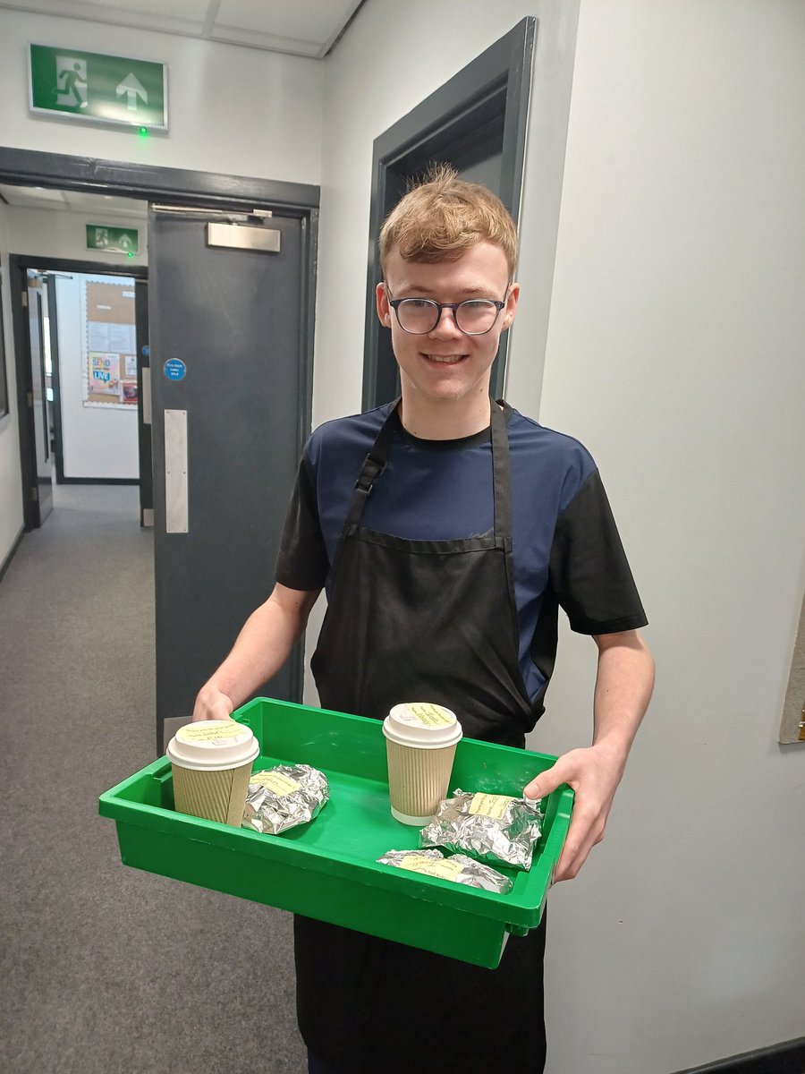 What a lovely delivery with a smile ☕️🥐. Our Post 16 students prepare hot drinks and pastries for staff around school #enterprisecafe