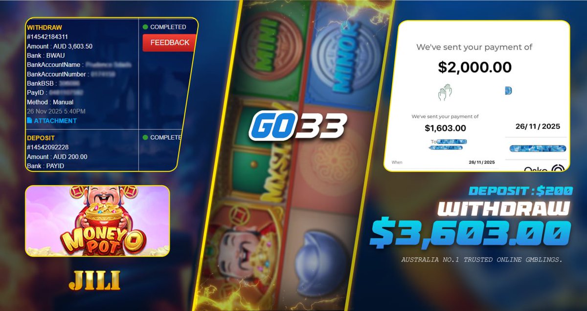 go33au's tweet image. ⭐️The Biggest And Trusted 
Online Spot Where 
Everyone's a Winners! 🌹

PROVIDER : #JILI 
GAME : #MONEYPOT
DEPOSIT : $200.00
WITHDRAW : $ 3,603.00

🛡 Sign up and Get -
$33.33, $688 + $588.
On The House Mates.
Win Big With GO33AU📈

go33au.com/RFBIGGAMING33